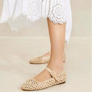 Miss Left Beige Cutout Bowknots Ankle Strap Mary Jane Round Toe Ballet Flats
